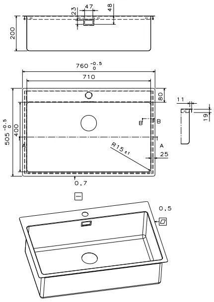 Мивка Fortinox Squadro Plus II-Дължина: 76 см.