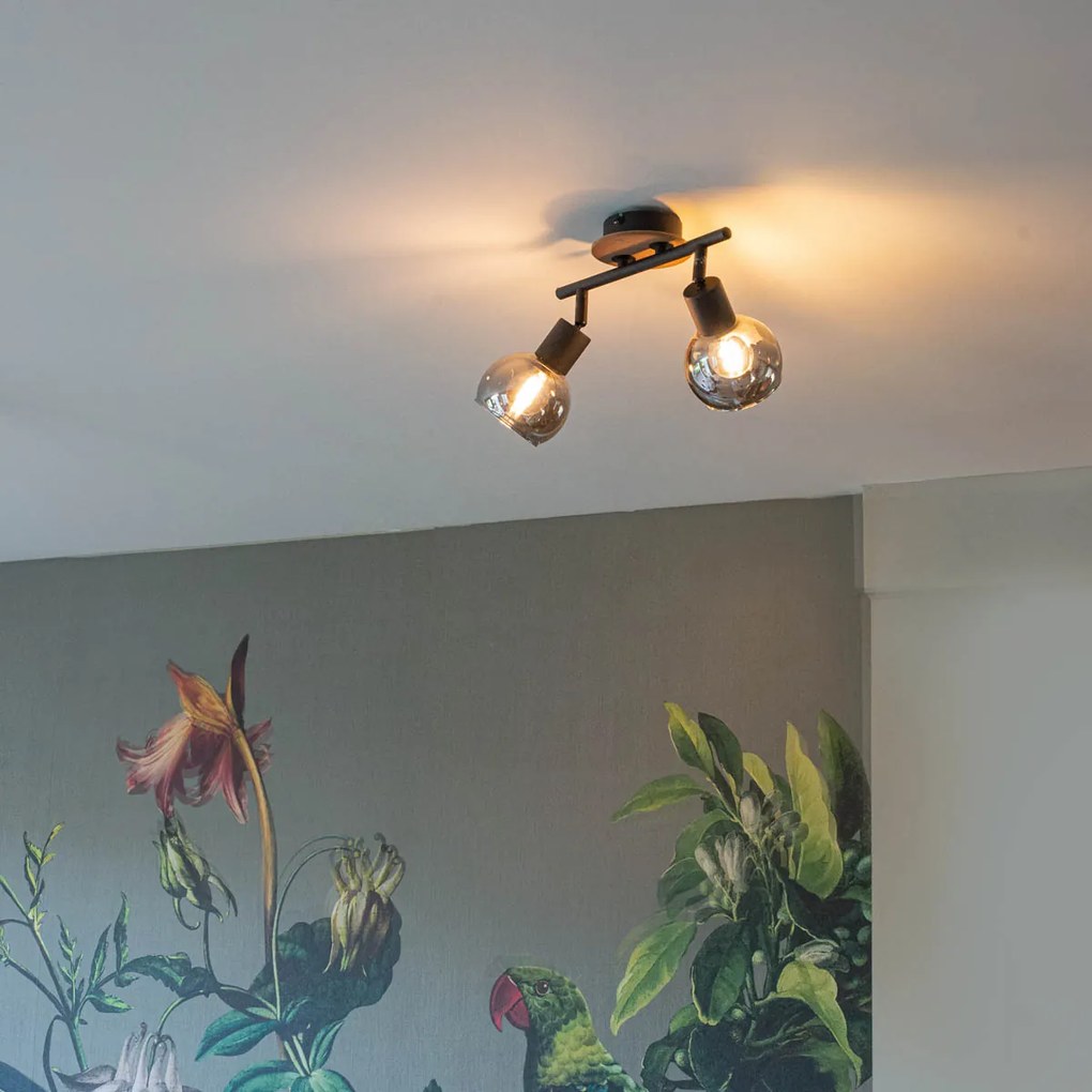 Таванна лампа черна с димно стъкло и дърво 2-светлина - Vidro