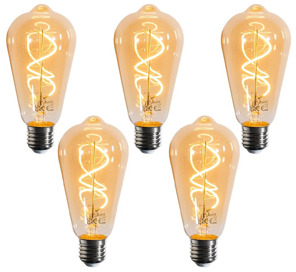 Комплект от 5 E27 димируеми LED крушки със спирални нишки ST64 златисти 4W 270LM 2100K