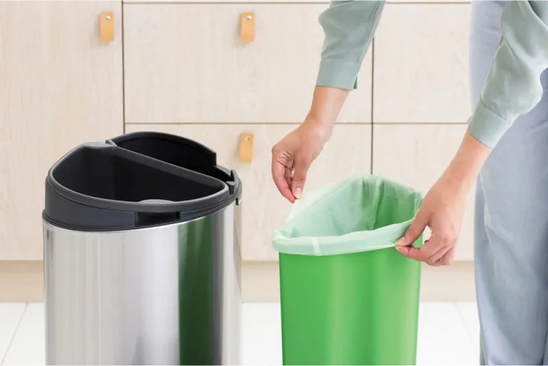 Кош за боклук Brabantia Touch Bin New Recycle 650527, 23+10 л, Безшумно и плавно затваряне, Плосък гръб, Устойчив на пръстови отпечатъци, Инокс/Мат