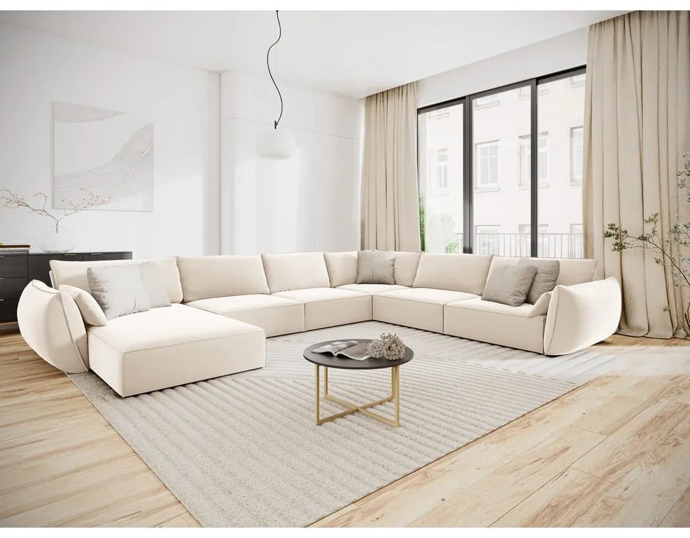 Бежов кадифен ъглов диван (десен ъгъл/U форма) Vanda – Mazzini Sofas