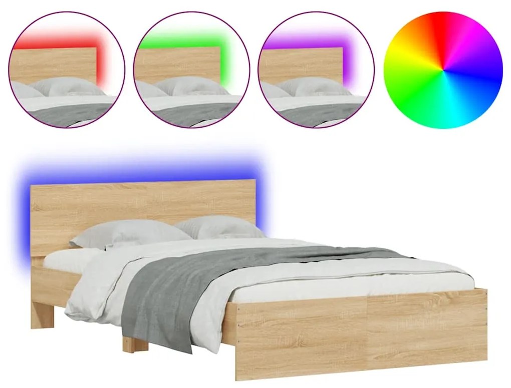 3207611 vidaXL Рамка за легло с табла и LED, дъб сонома, 140x200 см
