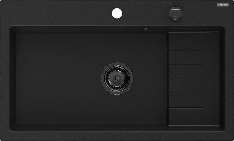 Mexen Omar гранитна кухненска мивка с 1 корито 800 x 480 mm, черна, черен сифон - 6520801005-77-B
