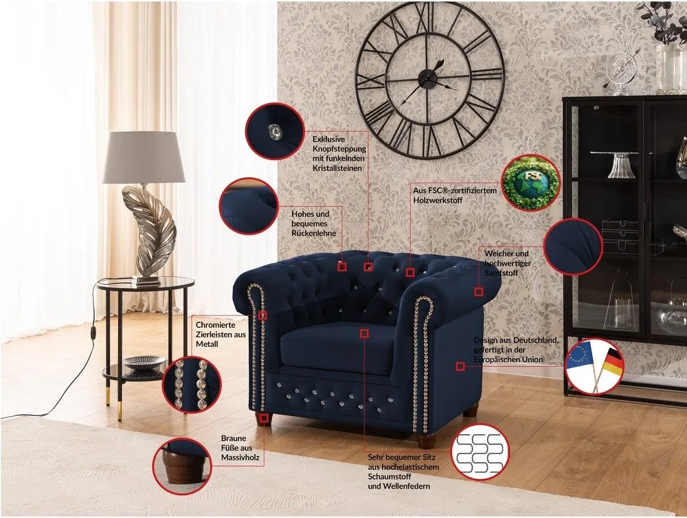 Синьо кадифено кресло честърфийлд York Blik – Ropez