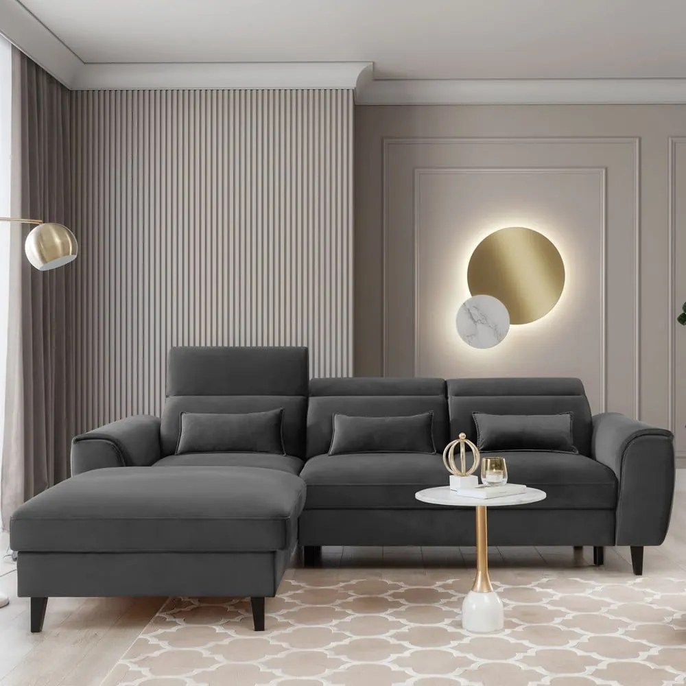 Тъмносив кадифен разтегателен ъглов диван с място за съхранение (ляв ъгъл) Foble – ELTAP