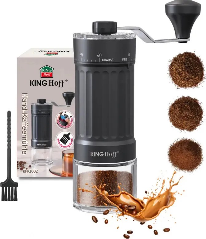 Ръчна кафемелачка Kinghoff KH 2002, 30 г, Керамичен механизъм, Безстепенно регулиране на фиността на смилане, Черен