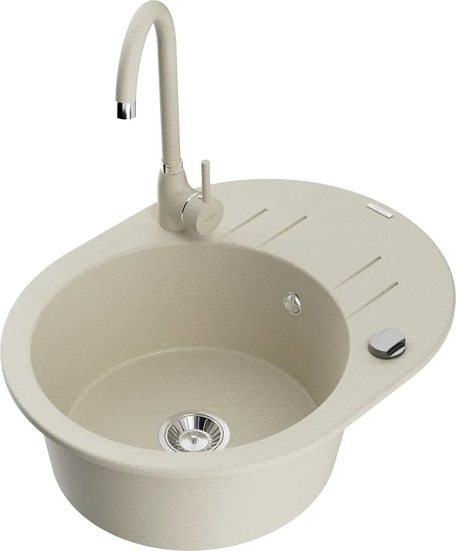 Mexen Kevin гранитна мивка с 1-камерен корито с изцеждач и кухненски смесител Telma, бежов - 6517-69-670200-69