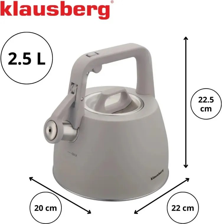 Свирещ чайник Klausberg KB 7916, 2.5 л, Топлоизолирана дръжка, Индукция, Сив