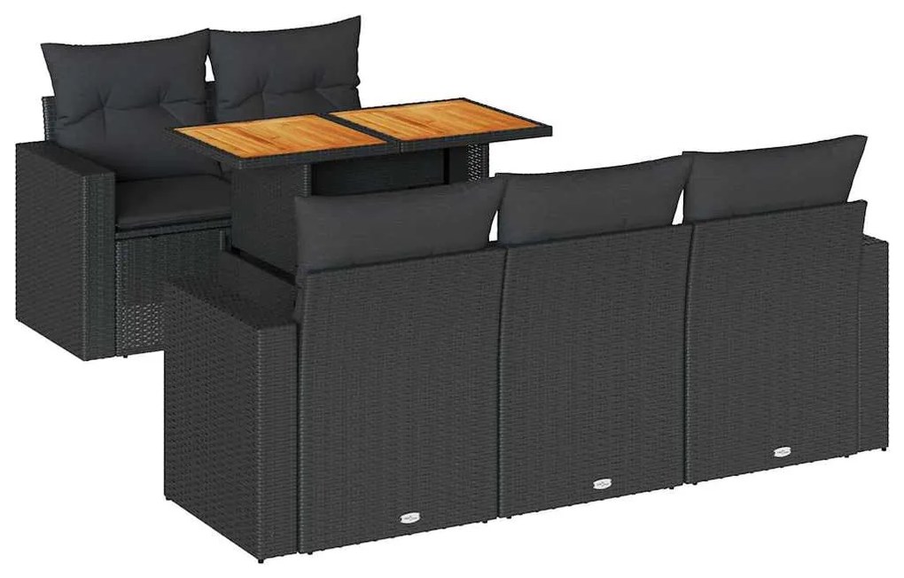 3326988 vidaXL Градински диван с възглавници, 6 части, черен, полиратан