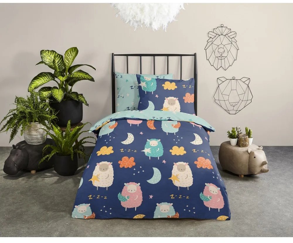 Синьо единично удължено памучно детско спално бельо 140x220 cm Sheep – Good Morning
