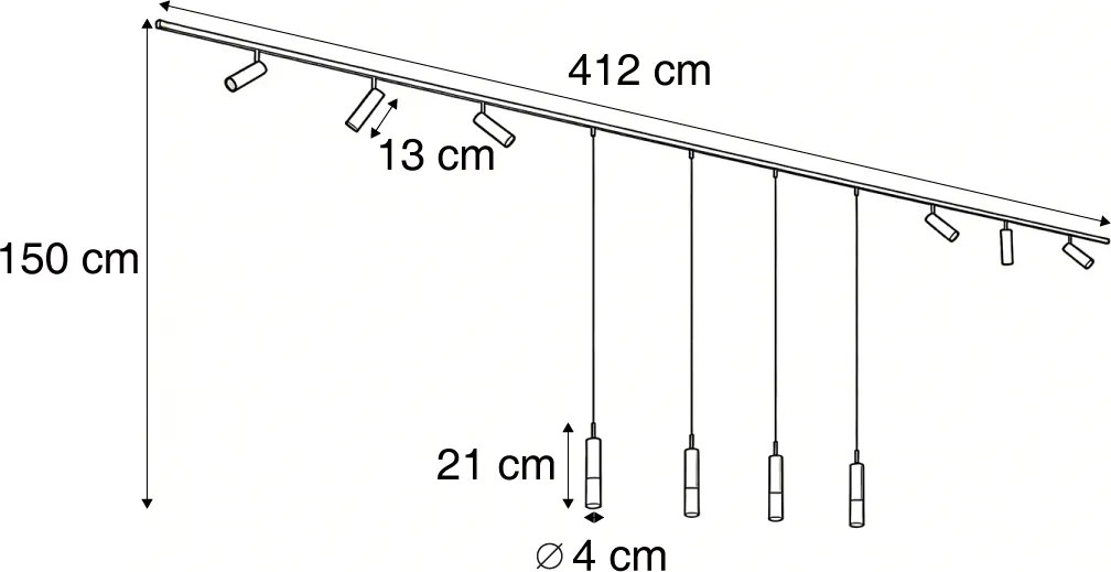 Модерна релсова система черна с 6 прожектора и 4 висящи лампи тъмен бронз 1-фазна - Slimline Uzzy Loyce