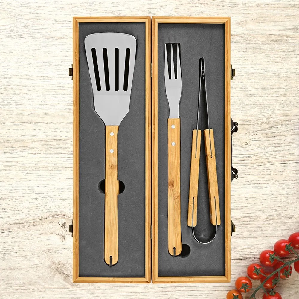 Комплект за барбекю в бамбукова кутия – щипка, вилица и шпатула