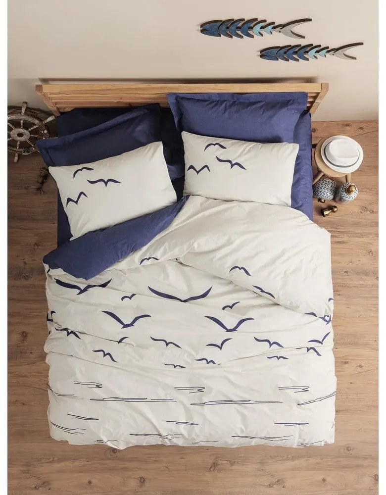 Синьо-кремаво единично спално бельо от памук Renforcé 140x200 cm Larum – Mijolnir