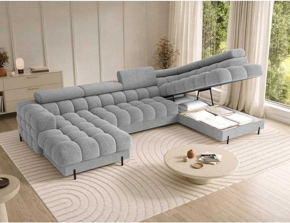 Сив разтегателен ъглов диван от букле (десен ъгъл U форма) Feraria – ELTAP