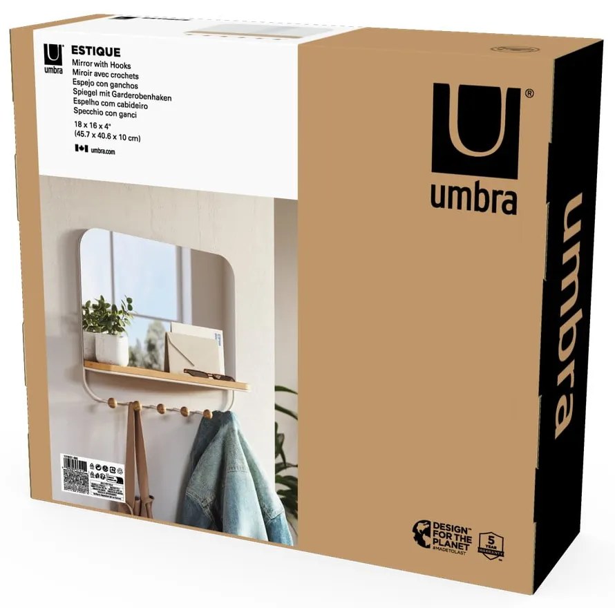 Бяла стенна закачалка от букова дървесина с рафт Estique - Umbra