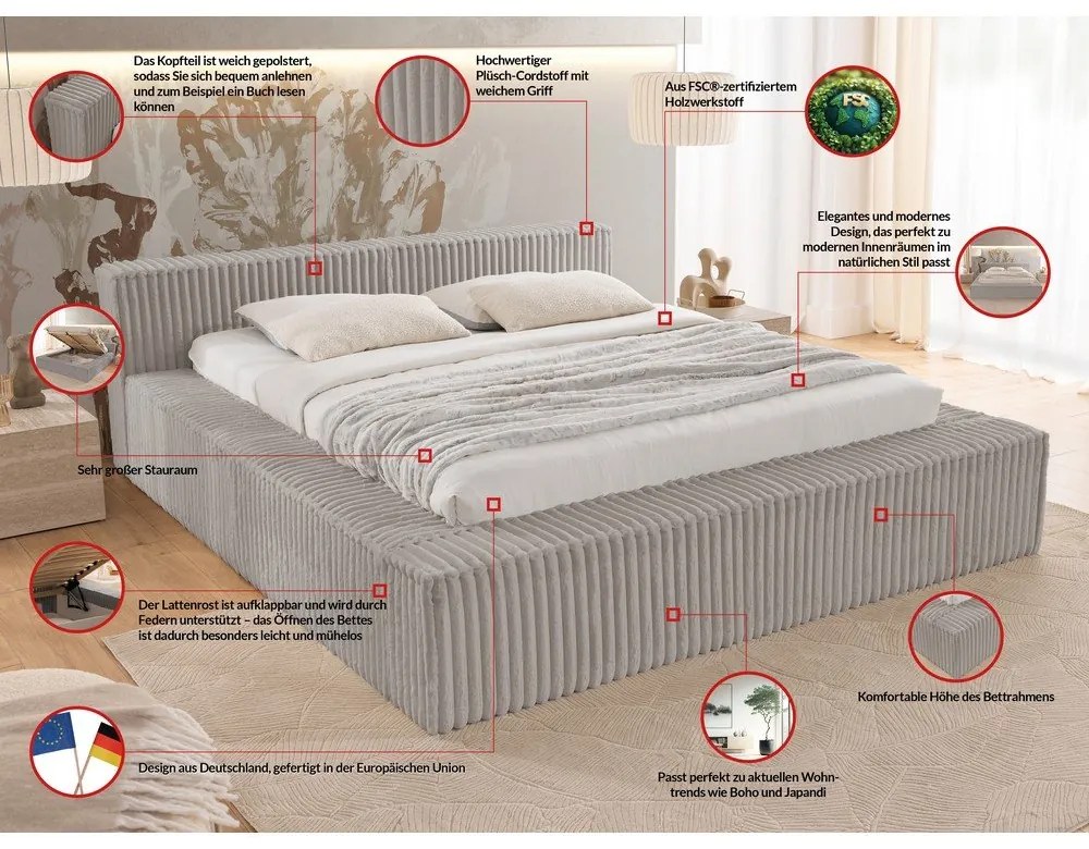 Сиво двойно тапицирано легло с място за съхранение и включена подматрачна рамка 180x200 cm Cloe – Ropez