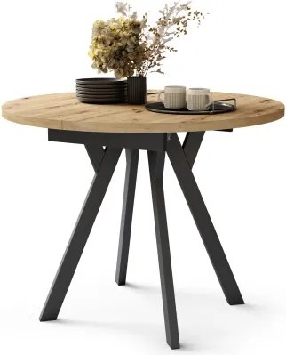 АЛМО Дъб Артисан/черни крака - КРЪГЛА РАЗТЕГАТЕЛНА МАСА С Y-ОБРАЗНИ КРАКА В ЛОФТ/ИНДУСТРИАЛЕН СТИЛ ЗА ХОЛ ИЛИ ТРАПЕЗАРИЯ