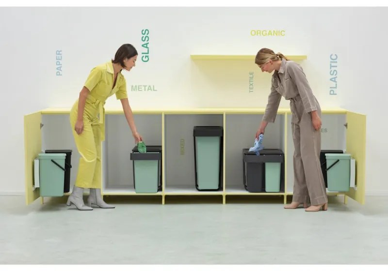 Кош за разделно събиране на боклук Brabantia Sort&Go 1008863, 2x30 л, Вътрешен монтаж с телескопична рамка, Сив/зелен