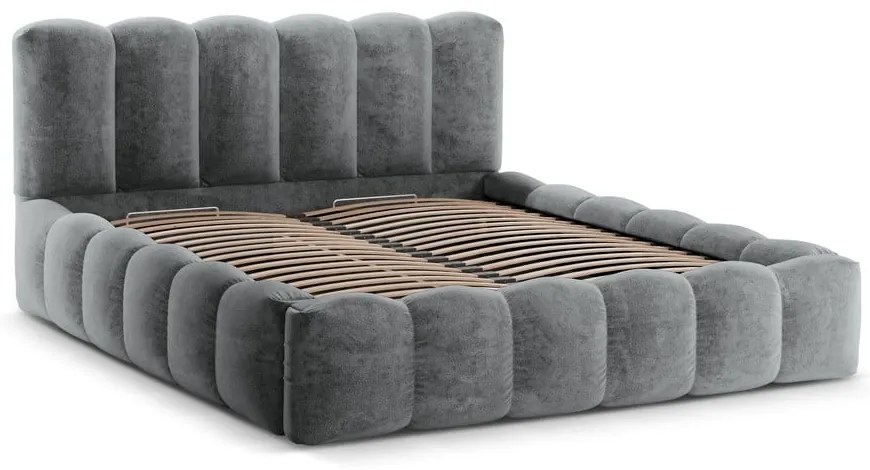 Сиво тапицирано двойно легло с място за съхранение с включена подматрачна рамка 160x200 cm Lupine – Micadoni Home