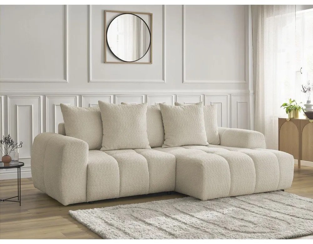 Бежов сгъваем/с място за съхранение ъглов диван от прежда с примки от букле (десен ъгъл) Roxelane – Bobochic Paris