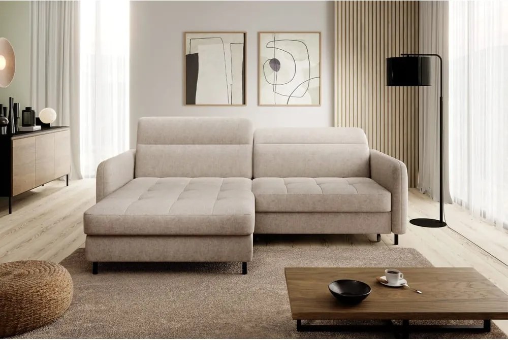 Бежов шенилов разтегателен ъглов диван с място за съхранение (ляв ъгъл) Gomsi – ELTAP