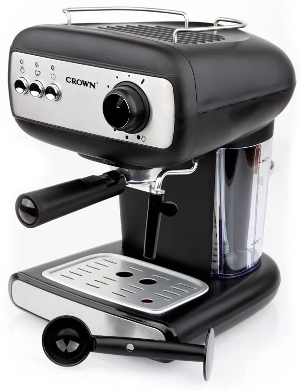 Еспресо машина Crown CEM-1525, 850W, 15 bar, 1.2 л, Подгряване на чаши, Пара, Подвижен резервоар, Крема диск, Черен