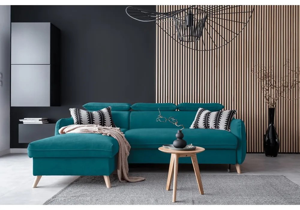 Ъглов разтегателен диван от тюркоазено кадифе (ляв ъгъл) Sweet Harmony - Miuform