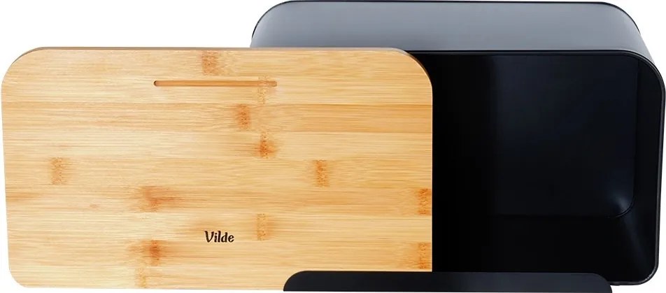Метална кутия за хляб с бамбуков капак Vilde — Черен мат, 35x22x20.5 см