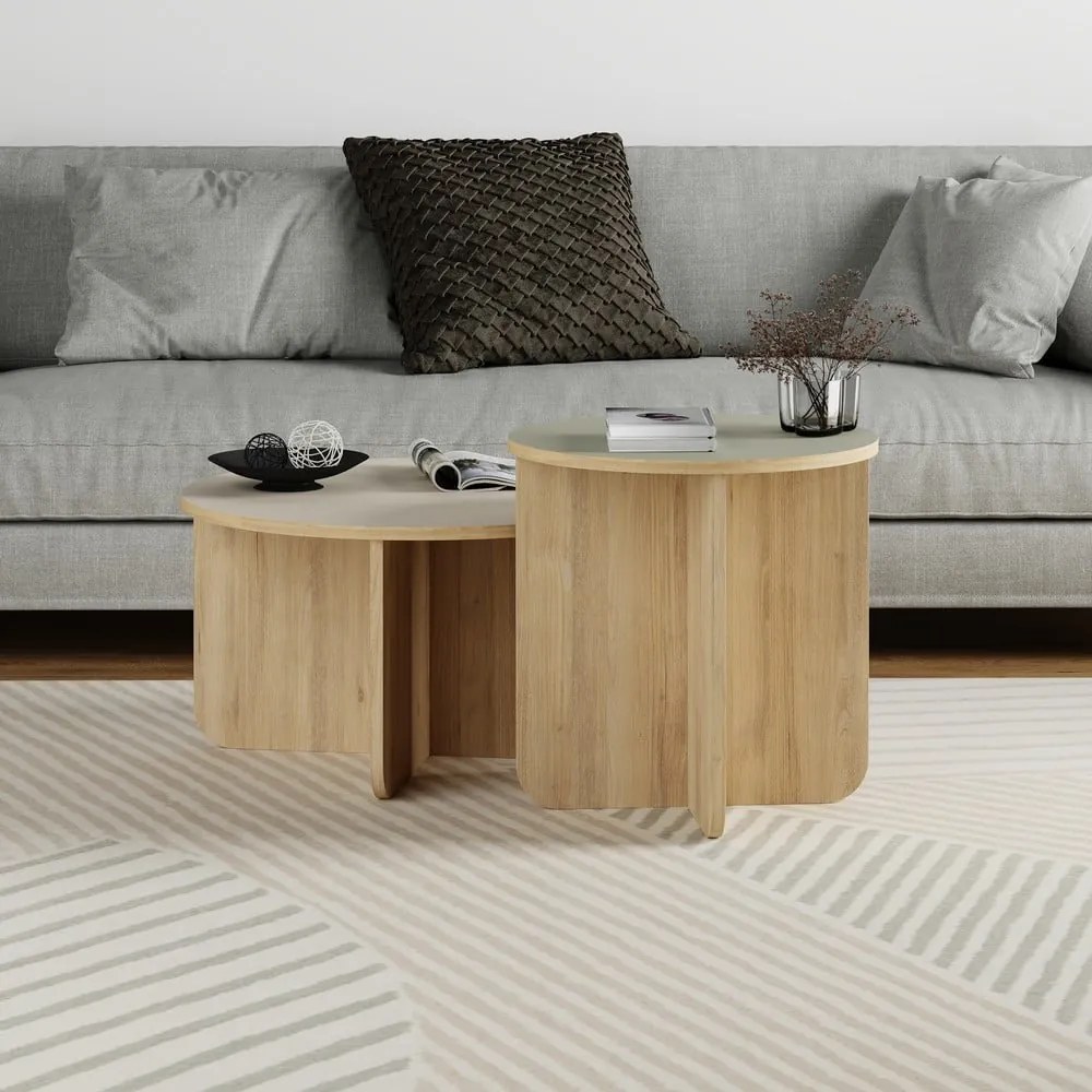 Кремави/естествени кръгли масички за кафе в комплект 2 бр. от декор от дъб ø 70 cm Hillary – Marckeric