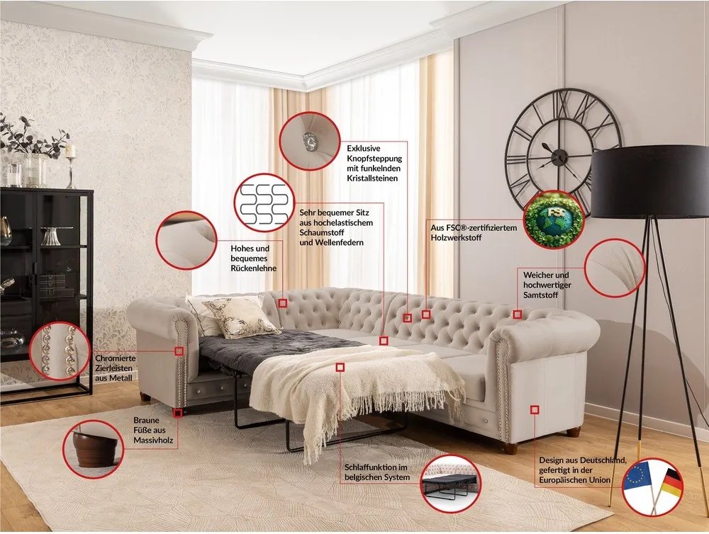 Бежов кадифен разтегателен ъглов диван (ляв ъгъл L форма) York Blik – Ropez