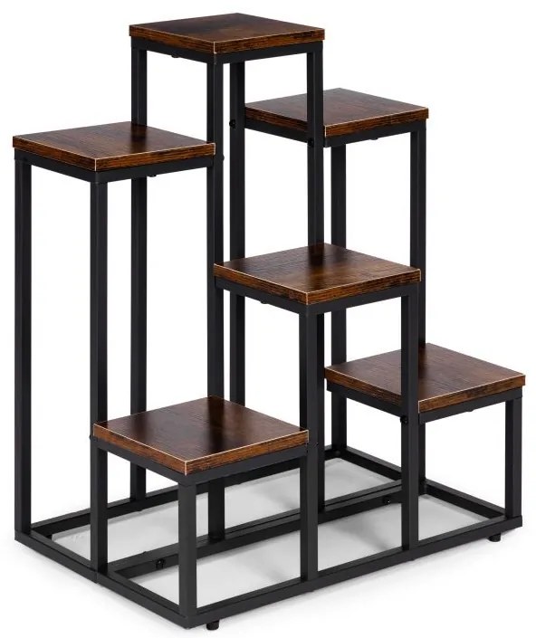 Стойка за цветя в мансардата - 6 рафта, черна стомана и дървен декор