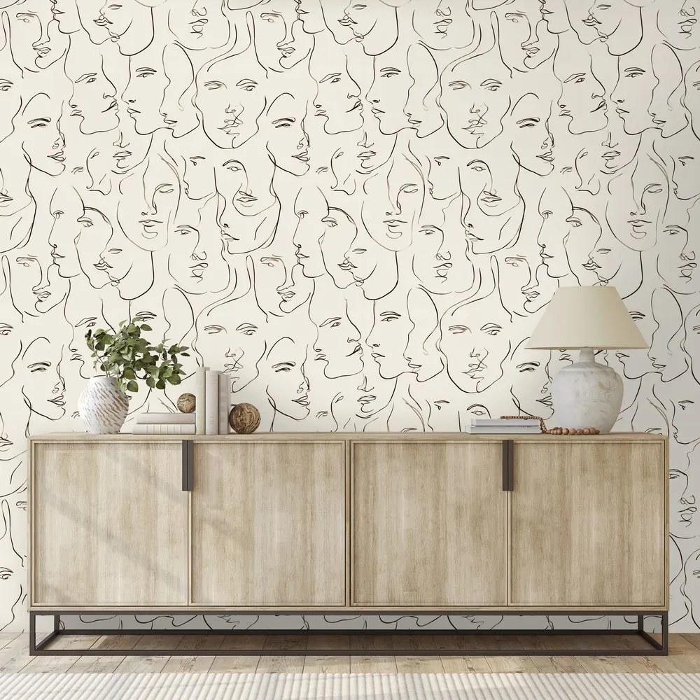 Самозалепващ тапет – Абстрактни рисунки на лица на бежов фон