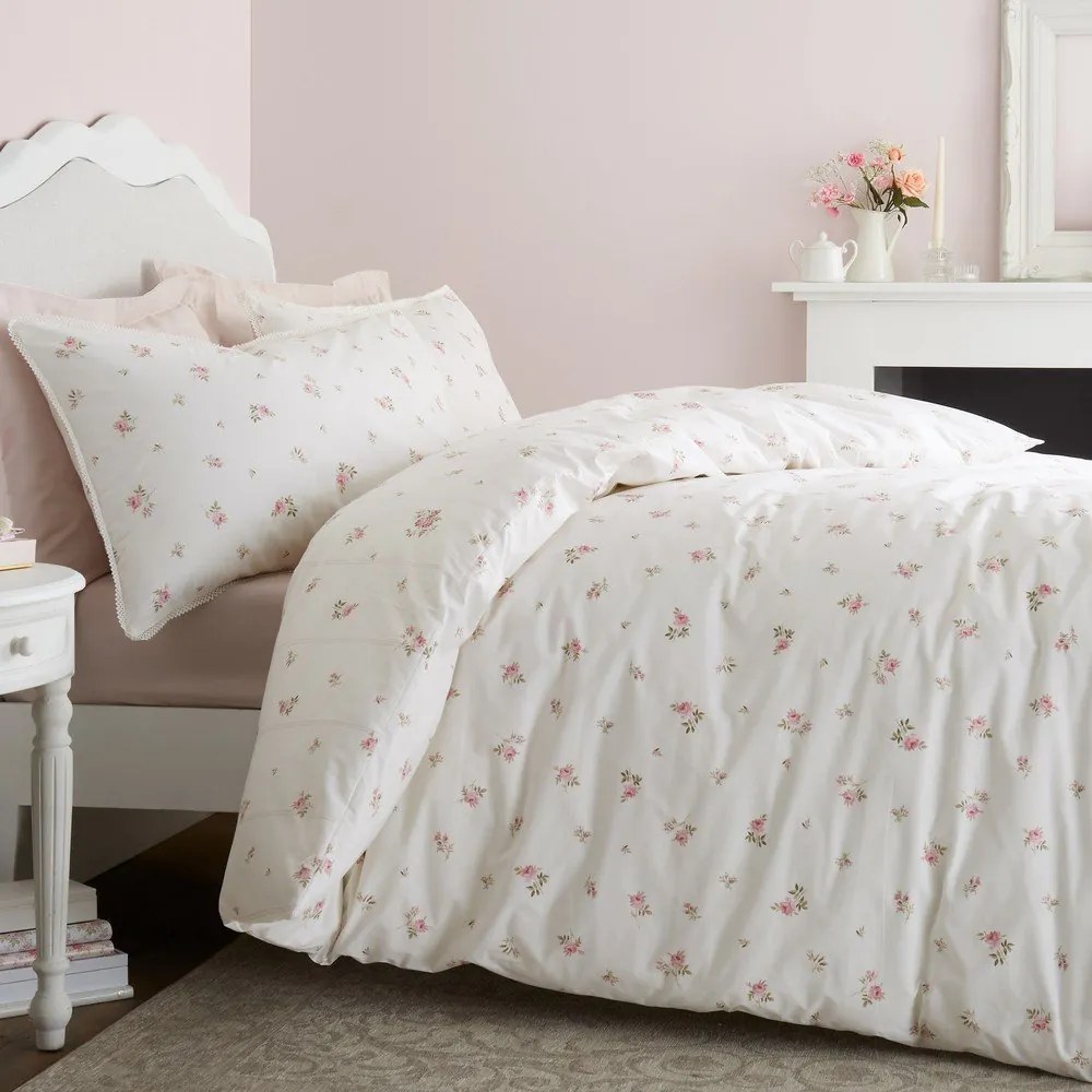 Кремаво двойно 3 части спално бельо от памук перкал 200x200 cm Vintage Rosebud Lace – Bianca
