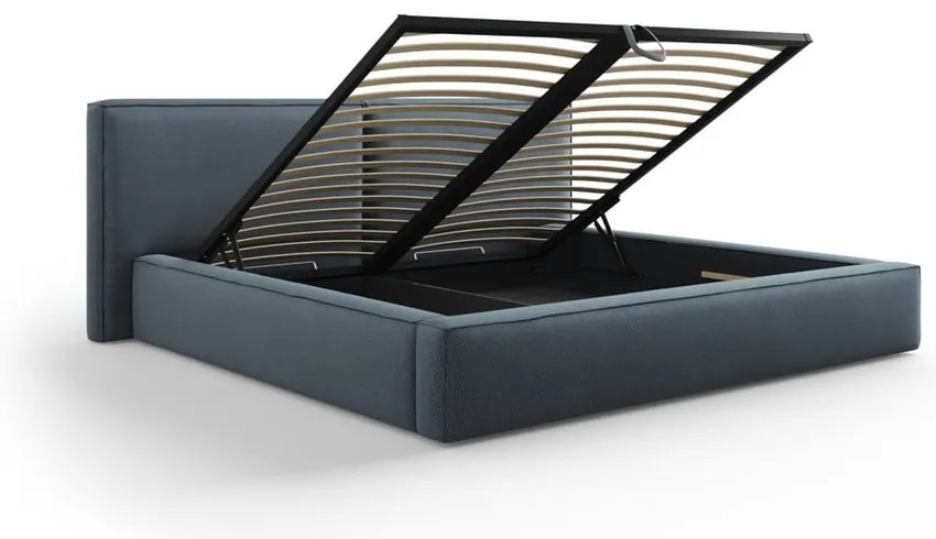 Тъмносиньо тапицирано двойно легло с място за съхранение и решетка 200x200 cm Arendal - Cosmopolitan Design