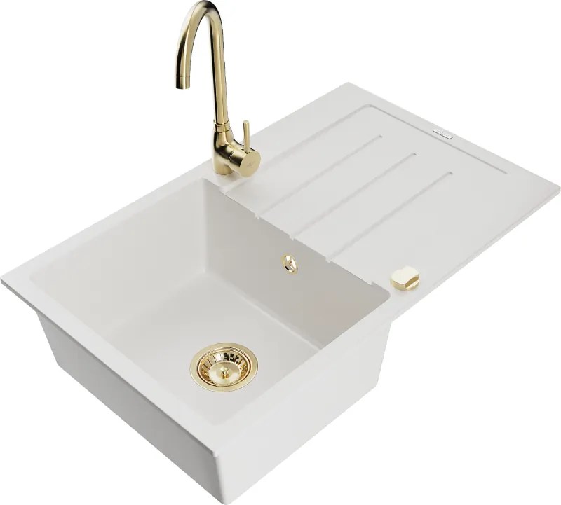 Mexen Bruno гранитна кухненска мивка с една камера с отцедник и кухненски батерия Telma, бяла - 6513-20-670200-50