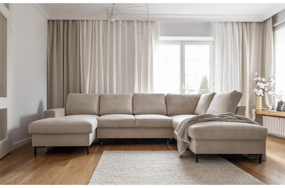 Бежов разтегателен ъглов диван от рипсено кадифе (десен ъгъл) Lofty Lilly – Miuform