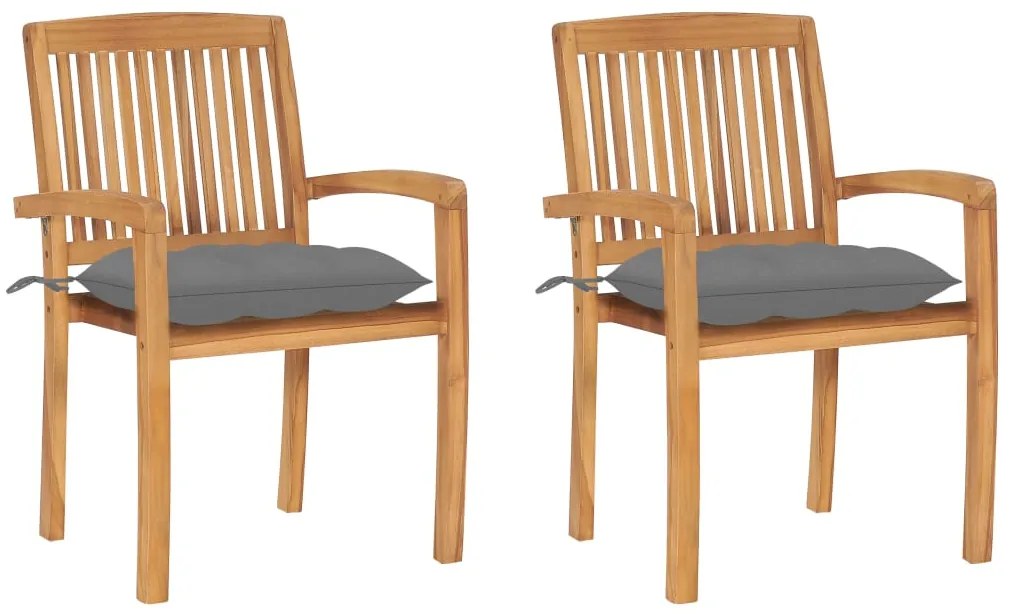 3063268 vidaXL Градински столове, 2 бр, сиви възглавници, тиково дърво масив