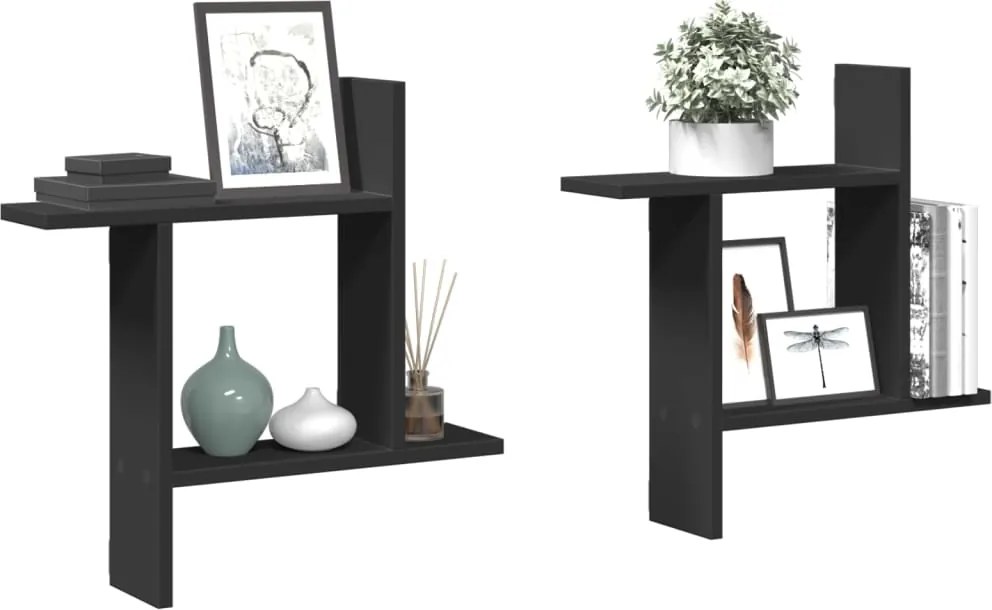 853255 vidaXL Стенни рафтове, 2 бр, черни, 50x12x50 см, инженерно дърво