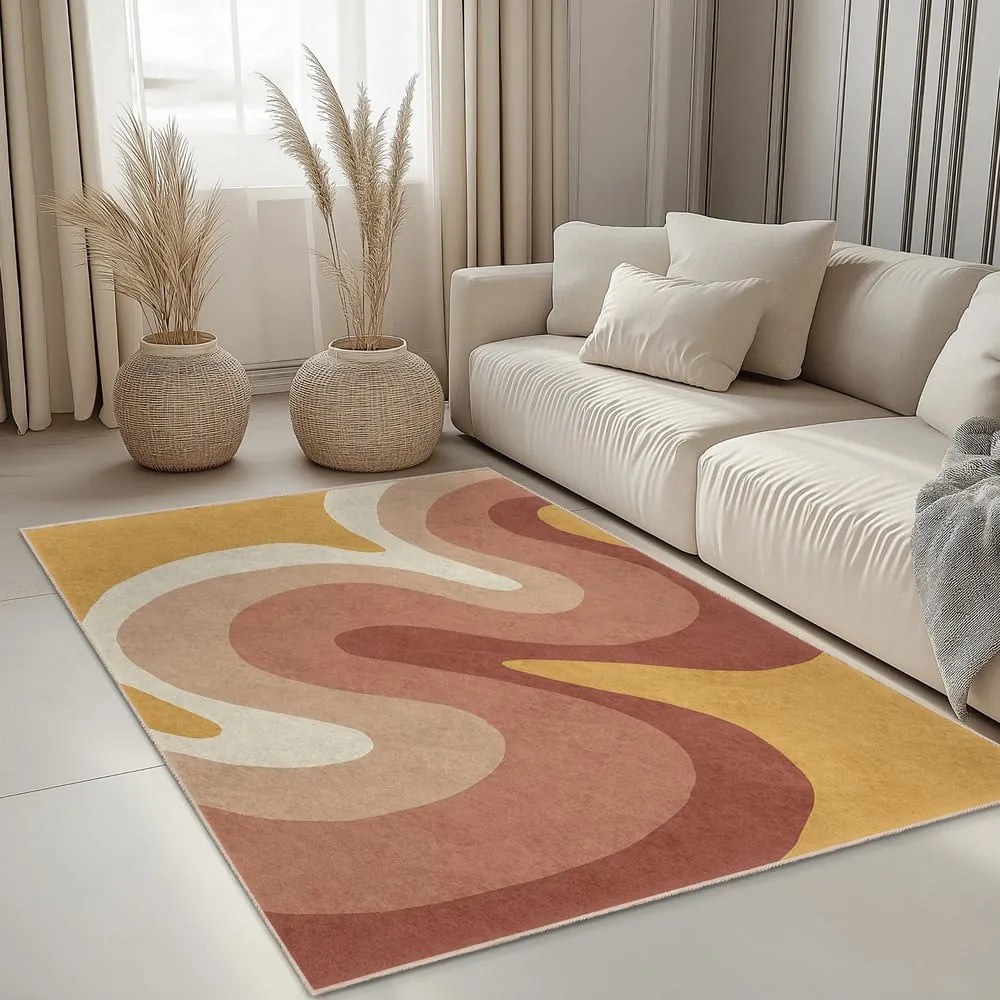 Килим подходящ за пране в цвят жълта охра и сиво-розов 80x150 cm Strawberry Creamsicle – Mila Home