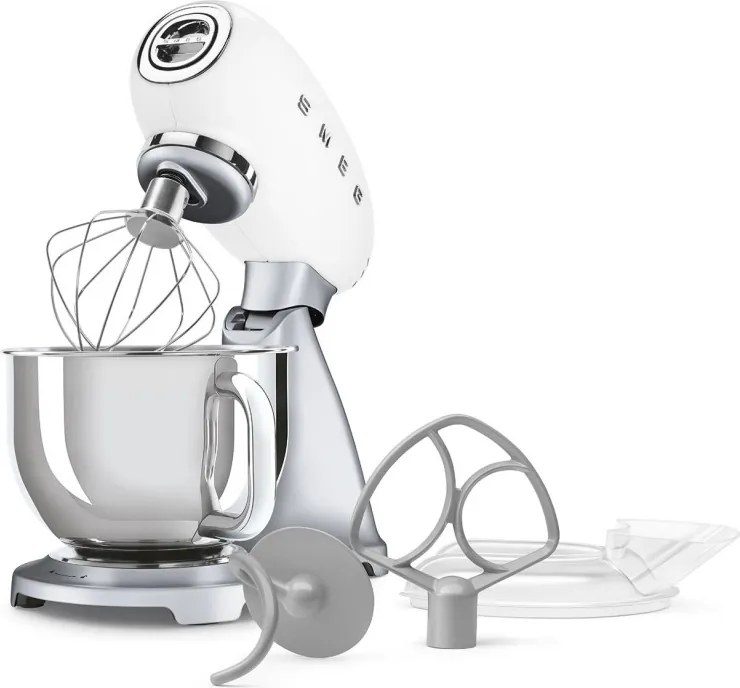 Планетарен миксер Smeg SMF04WHEU, 800W, 4.8 л, 10 скорости, Функция за плавен старт, Крачета против хлъзгане, Бял/Инокс