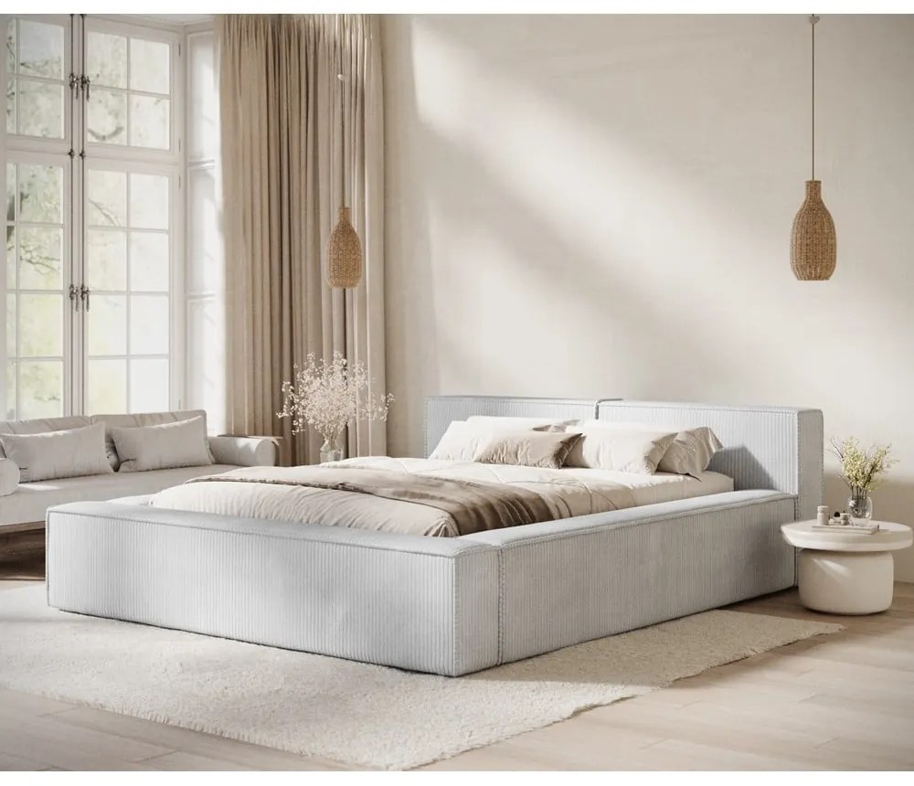Светлосиво двойно легло 140x200 cm тапицирано с място за съхранение с включена подматрачна рамка Voliera – Maison de Rêve