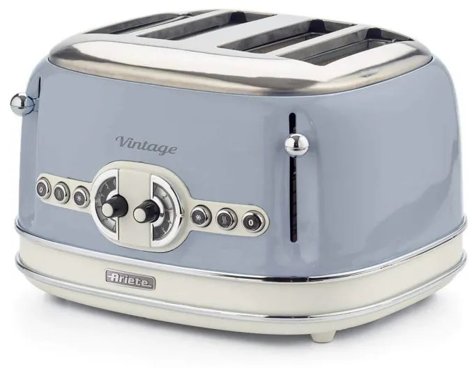 Тостер за хляб Ariete VINTAGE 0156/05, 1600W, 4 филии, 3 функции, 6 степени, Подвижна тава за трохи, Син