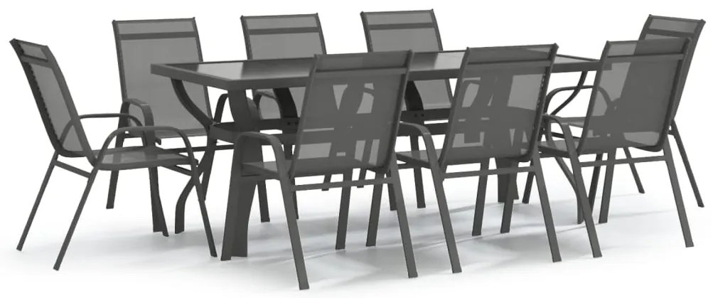 3095976 vidaXL Градински трапезен комплект, 9 части, сиво и черно