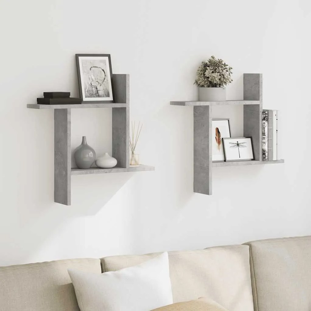853257 vidaXL Стенни рафтове, 2 бр, бетонно сиви, 50x12x50см, инженерно дърво