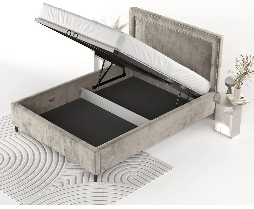 Бежово тапицирано двойно легло с място за съхранение с включена подматрачна рамка 160x200 cm Baleine – Maison de Rêve