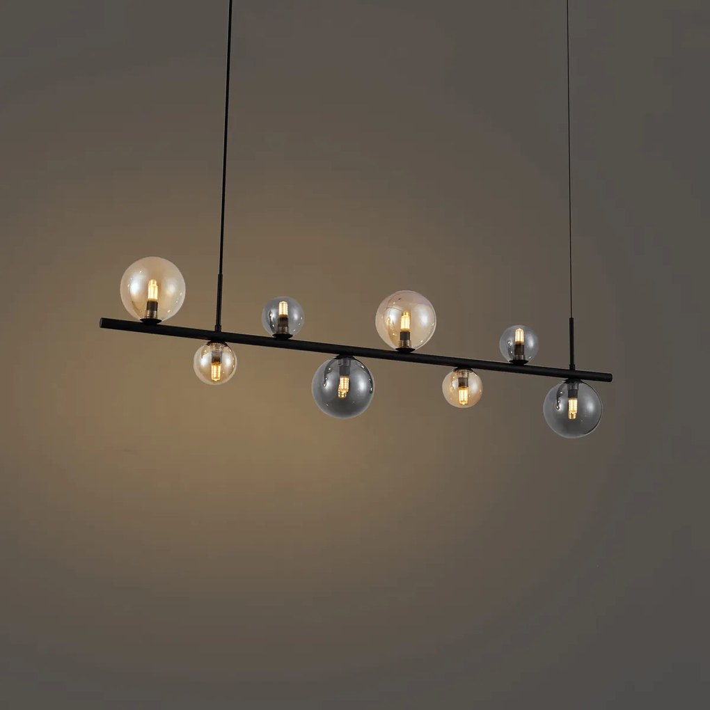 Висяща лампа черна с дим и кехлибарено стъкло правоъгълна 8-лампи - Monaco