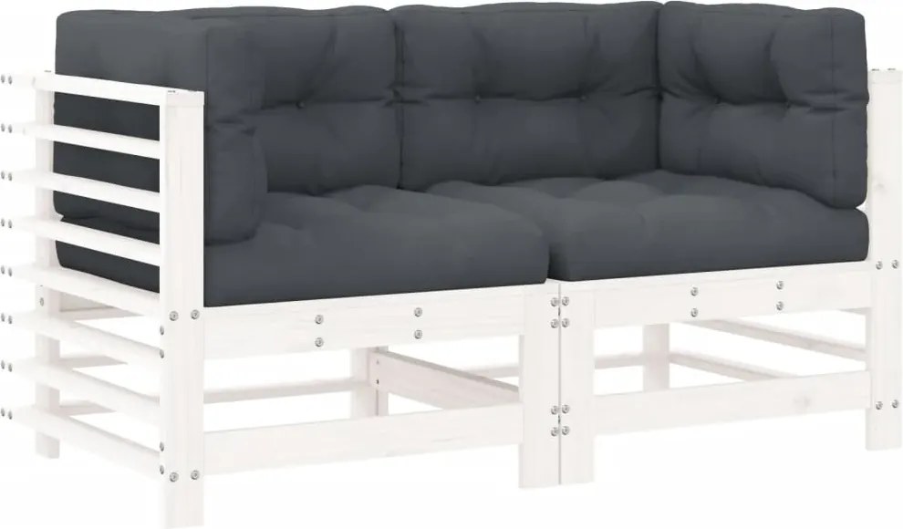 825682 vidaXL Ъглови дивани с възглавници, 2 бр, бели, борово дърво масив