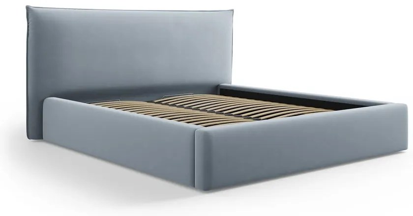 Светлосиньо двойно тапицирано легло с място за съхранение с включена подматрачна рамка 140x200 cm Elio – Milo Casa