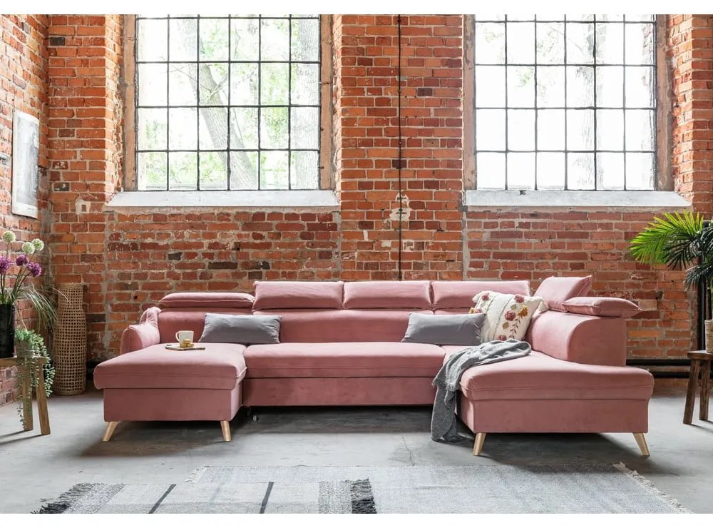 Светлорозов кадифен U-образен ъглов разтегателен диван (десен ъгъл) Sweet Harmony - Miuform