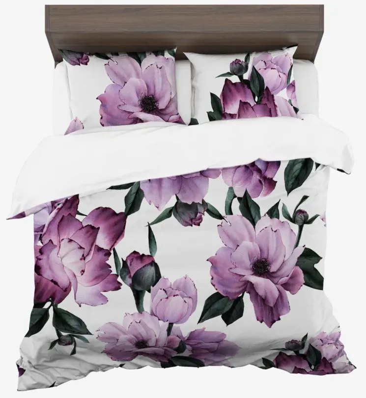 Спално бельо от синтетичен памук с ефектни лилави цветя – бяло 3 časti: 1ks 160x200 + 2ks 70x80